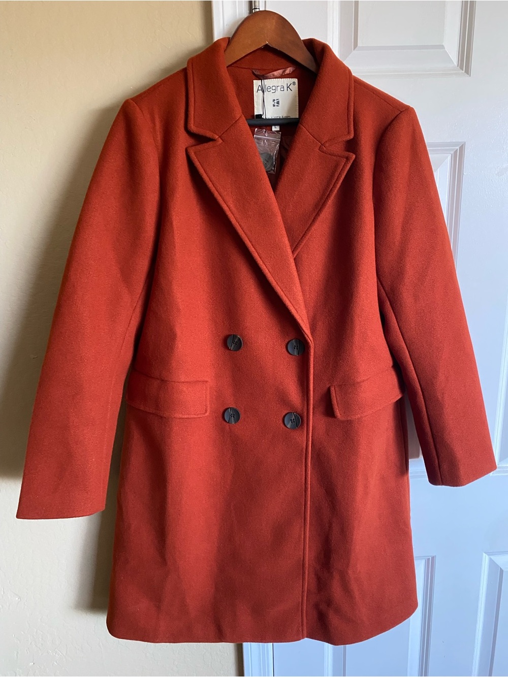 Allegra K Rust Orange Long Double Breasted Coat Size L Retro Mod - Picture 2 of 11